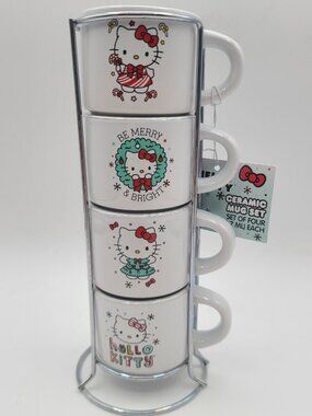 New Hello Kitty Ceramic Christmas Holiday Stacking 4 Set Of 3oz Espresso Cups